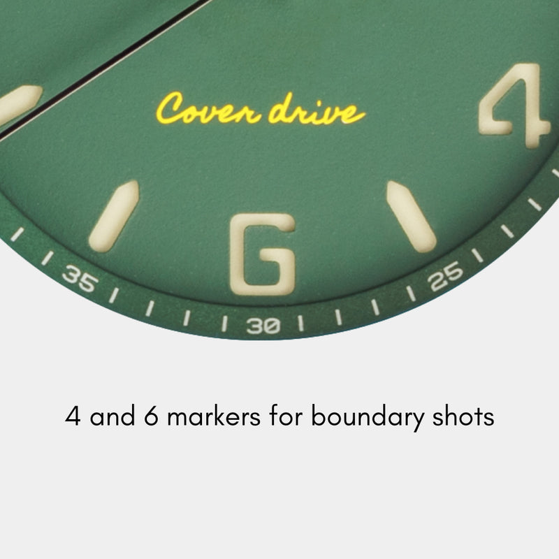 The Outfield wristwatch includes 4 and 6 markers on the dial, inspired by boundary shots in cricket.