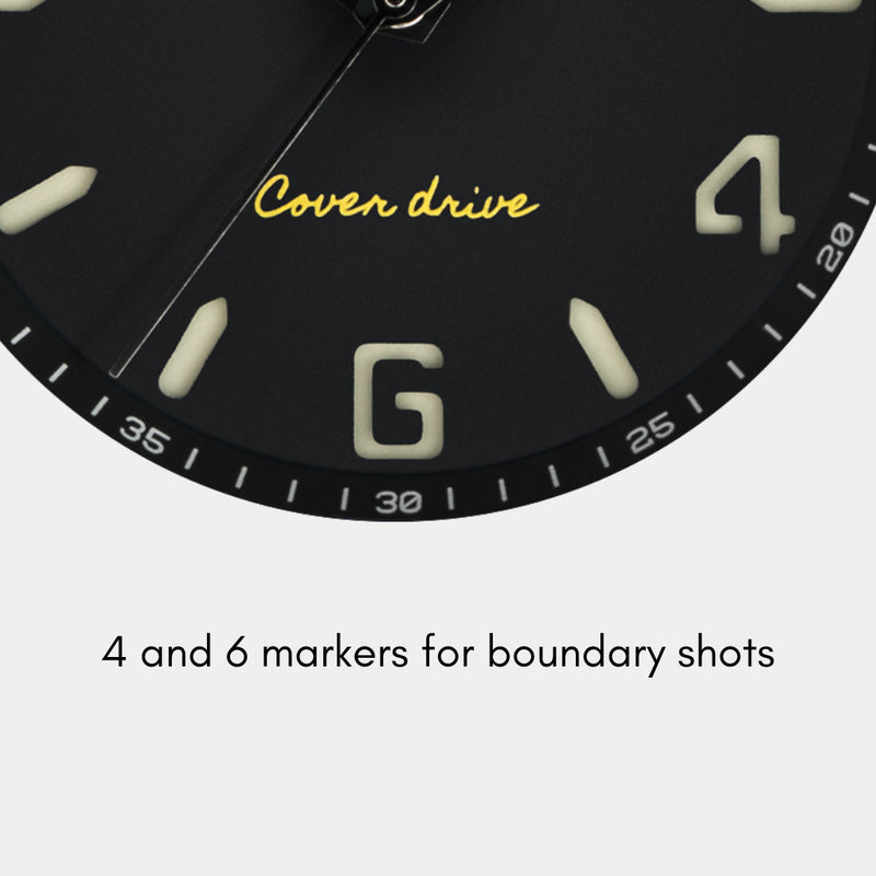 The Pavilion wristwatch includes 4 and 6 markers at the dial, inspired by the boundary shots in cricket.