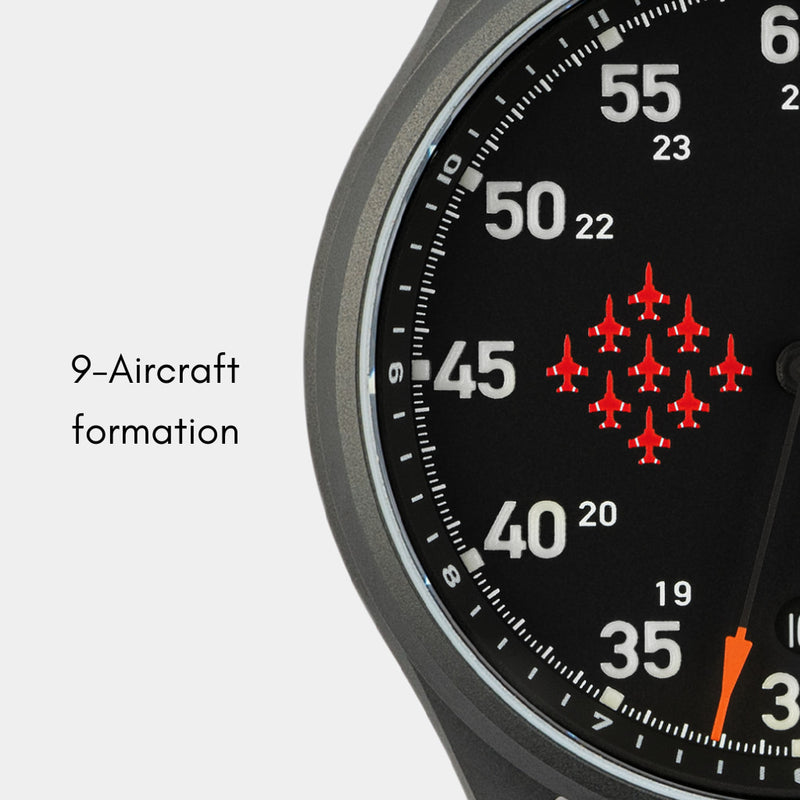 MACH 1 Synchro wristwatch dial featuring a 9-aircraft diamond formation at the 9H position, inspired by India’s Formation Aerobatics.