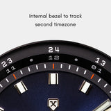 Apogee Horizon wristwatch features a bi-directional bezel for a second timezone, adjusted with the 2H crown.