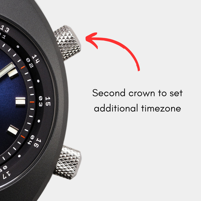 Apogee Horizon watch with a second crown to set an additional timezone.