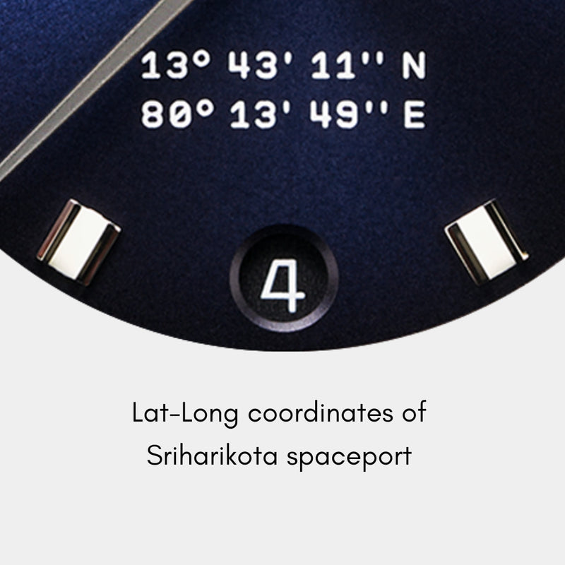 Horizon watch dial with the coordinates of Sriharikota Spaceport at 6H position.