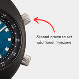 Karman Line watch features a second crown, to set and manage an additional timezone easily.