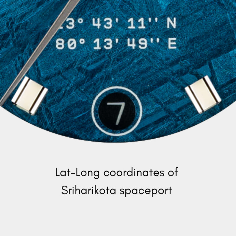 Dial of the Karman Line watch showing Sriharikota Spaceport coordinates at 6 o'clock.