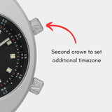 Apogee Manzinus watch with a second crown to set an additional timezone.