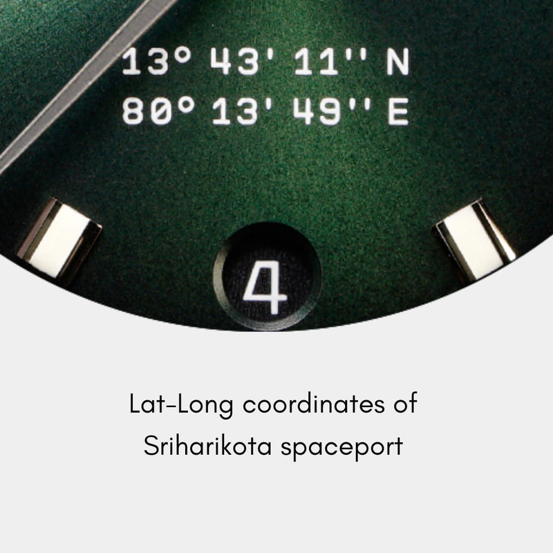 Supernova watch dial featuring Sriharikota Spaceport coordinates at 6H position.