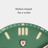 Wicket-shaped markers on the Outfield wristwatch, bringing cricket-inspired details to the dial.