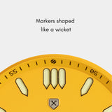 Yellow Jersey wristwatch with wicket-shaped markers, highlighting cricket elements on the dial.