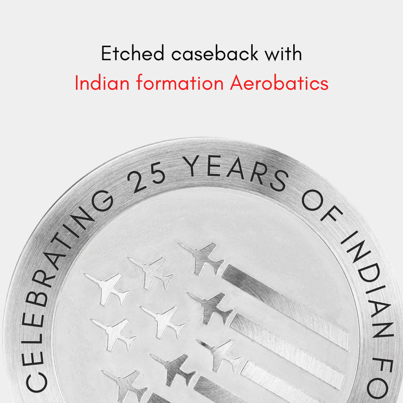 Close-up of the MACH 1 Synchro caseback, engraved with artwork depicting India’s Formation Aerobatics team’s precision maneuvers.