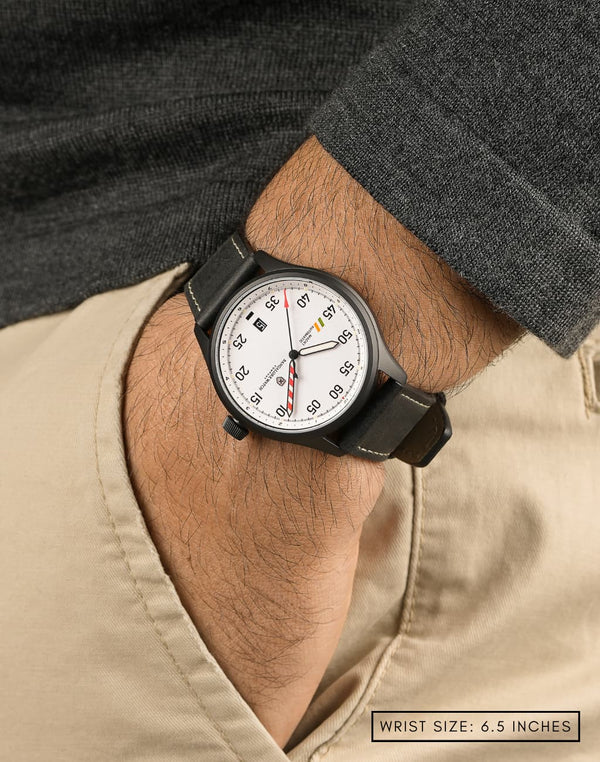 Man wearing MACH 1 Avalanche with hand in pocket, highlighting the sleek design and aviation-inspired details of the watch.